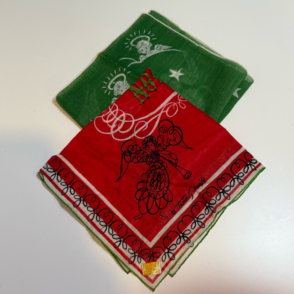 Tammis Keefe Noel Christmas Hanky and Unmarked Green Angle Hanky- Vintage